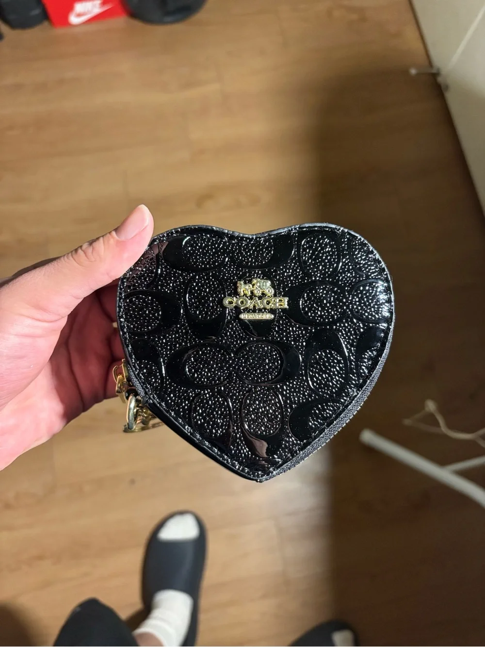 Coach Black Patent Leather Heart Coin Pouch with Gold Logo